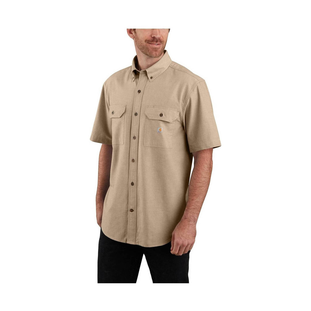 Beige short-sleeve button-up work shirt with chest pockets