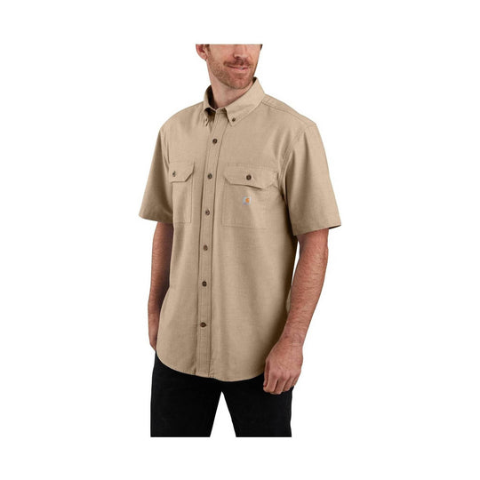 Beige short-sleeve button-up work shirt with chest pockets
