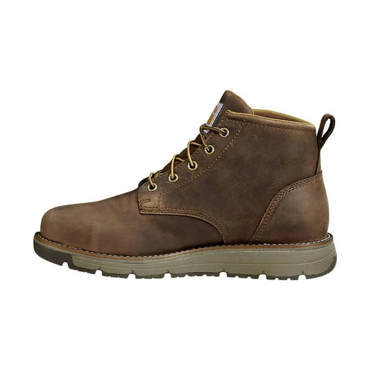 Brown leather lace-up work boot with a wedge sole and pull tab