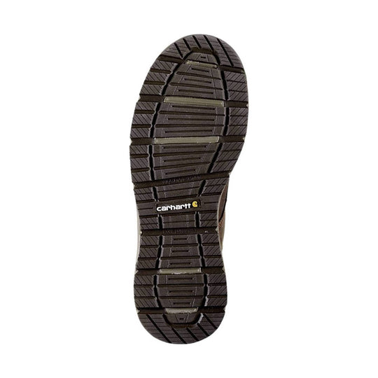 Dark brown work boot outsole with deep tread and visible Carhartt logo