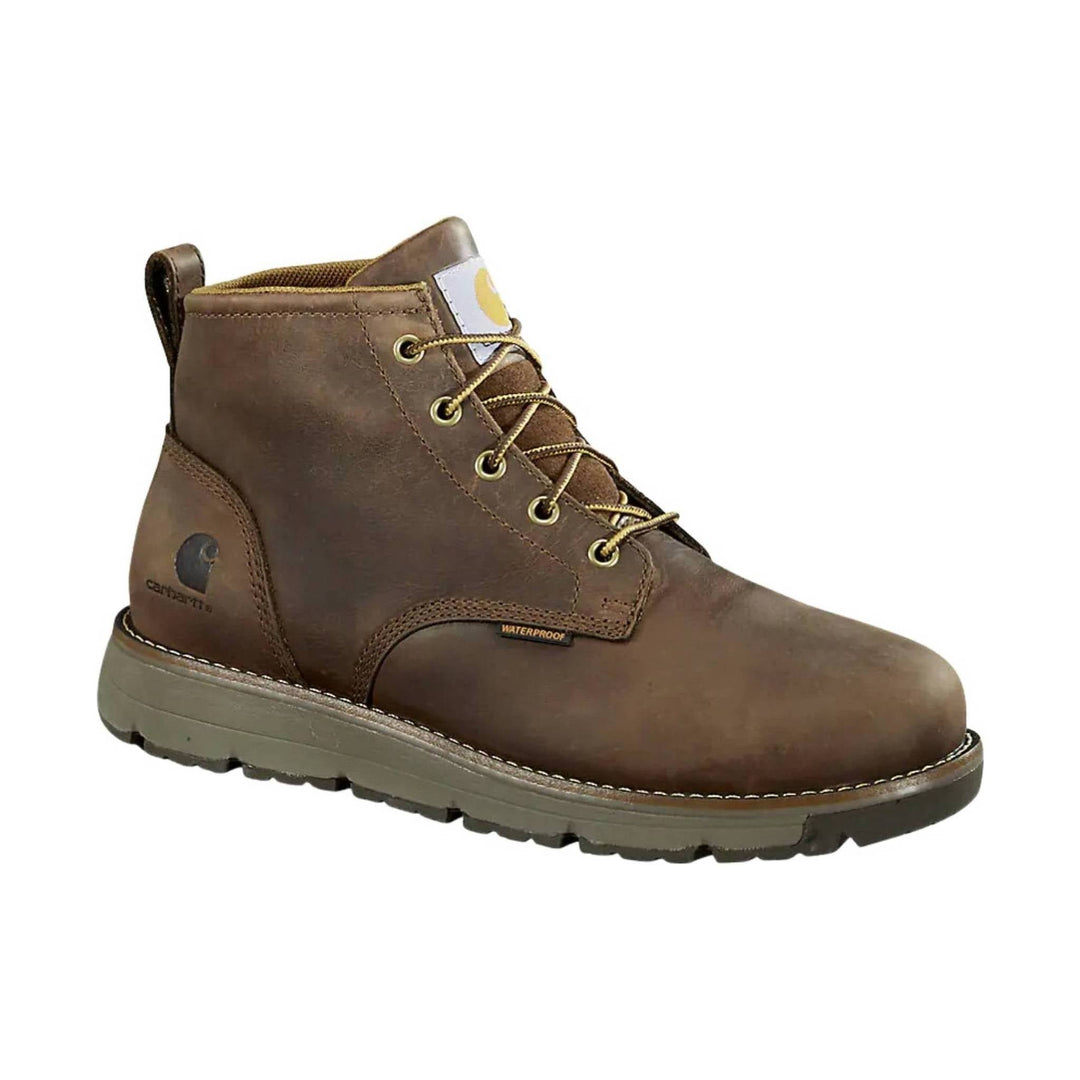 Brown leather lace-up work boot with a waterproof tag and cushioned sole, side view