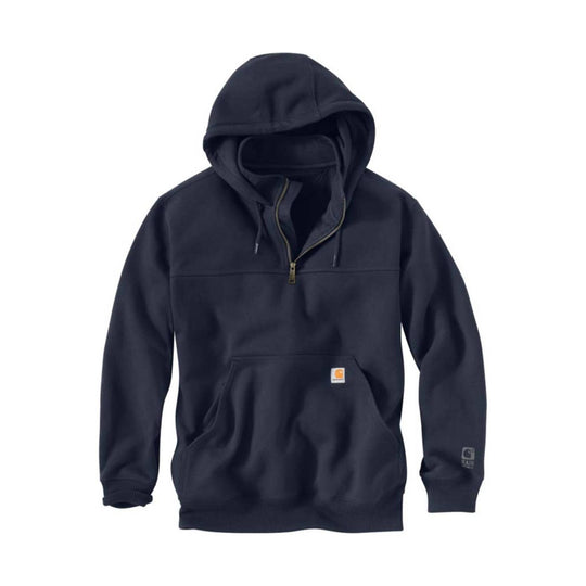 Dark navy hooded quarter-zip pullover sweatshirt with a front kangaroo pocket and drawstrings
