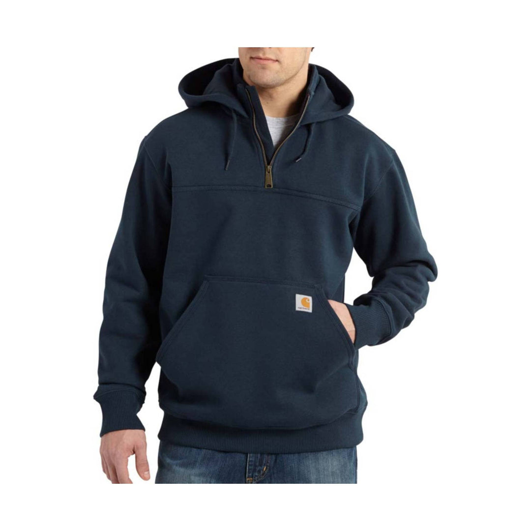 Navy hooded quarter-zip sweatshirt with a kangaroo pocket and small chest logo patch