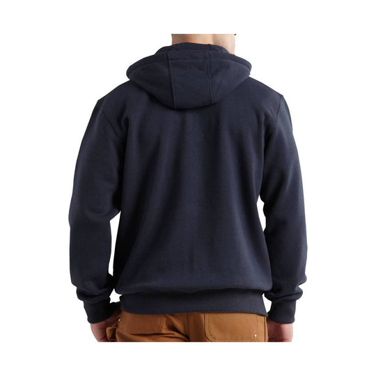 Dark hooded zip-front sweatshirt shown from the back