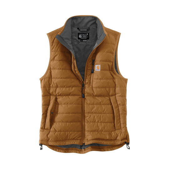 Brown quilted zip-front insulated vest with gray lining and a chest pocket