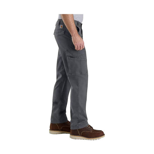 Gray cargo work pants with multiple pockets, shown in side view with brown work boots