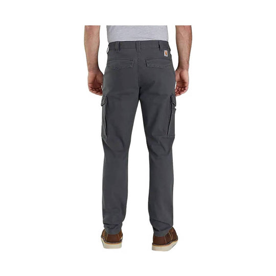 Charcoal gray cargo work pants shown from the back with side pockets and brown work shoes visible