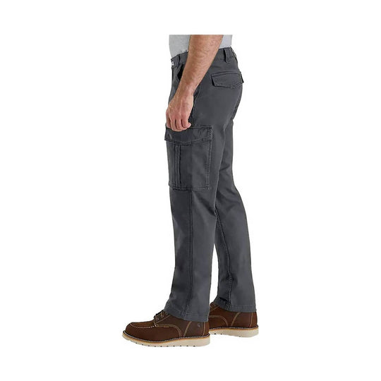 Gray cargo work pants shown in side view with large flap pockets