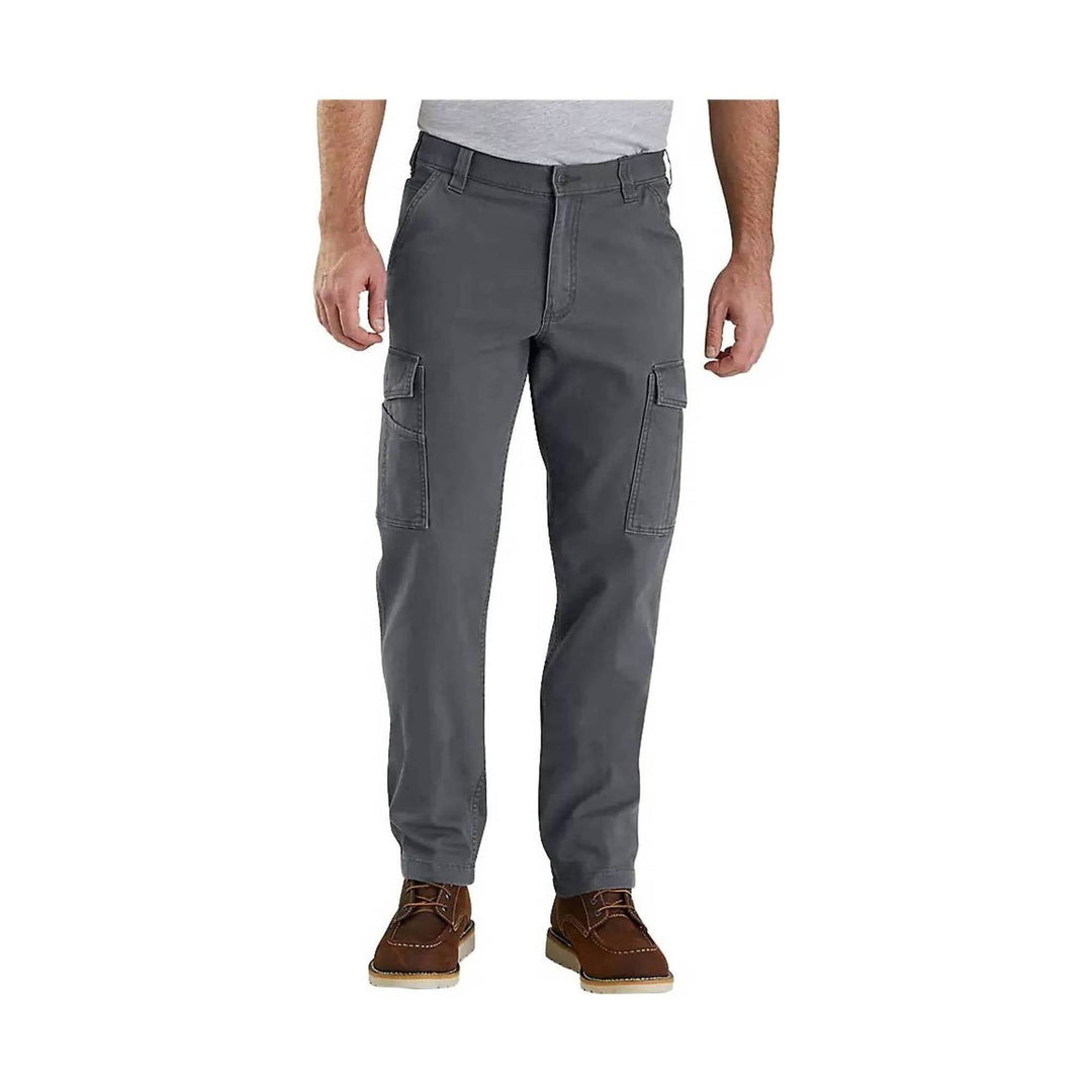 Gray cargo work pants with side flap pockets and straight legs, shown on a standing model