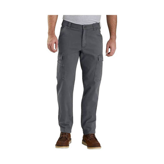 Gray cargo work pants with side flap pockets and straight legs, shown on a standing model