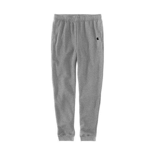 Gray tapered sweatpants with elastic waistband and cuffed ankles
