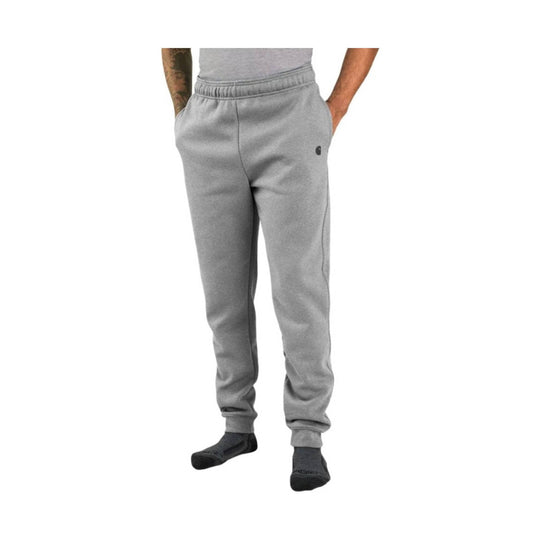 Gray tapered sweatpants with elastic waistband, side pockets, and cuffed ankles