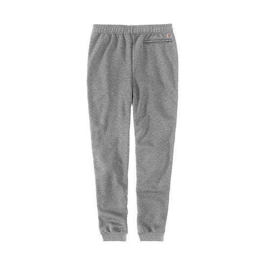 Gray tapered sweatpants with elastic waistband and a zip back pocket