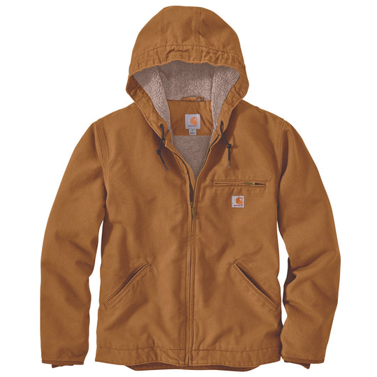 Brown hooded work jacket with sherpa-lined hood, front zipper, chest pocket, and hand pockets.