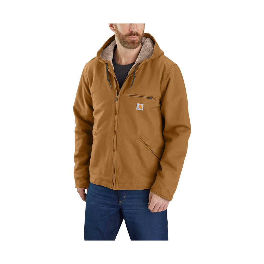 Brown hooded work jacket with sherpa lining, chest zipper pocket, and small logo patch