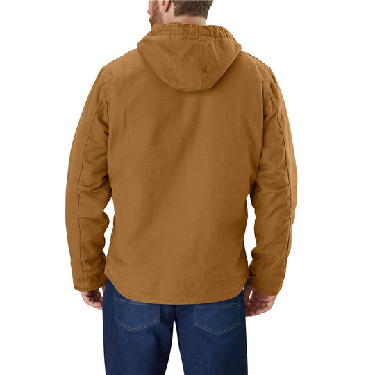 Brown hooded work jacket shown from the back with long sleeves and a relaxed fit