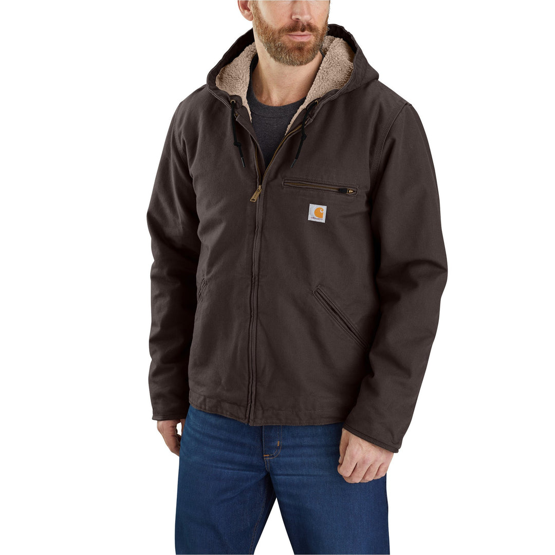 Brown sherpa-lined hooded work jacket with front zipper, chest zip pocket, and logo patch.