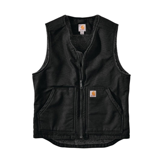 Black zip-front sherpa-lined vest with two front patch pockets