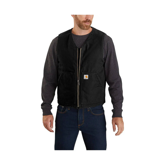 Black zip-front work vest with front pockets and a Carhartt logo patch