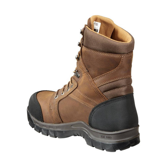 Brown insulated lace-up work boot with black rubber toe and heel caps, shown in side view
