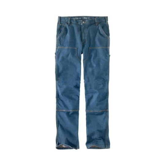 Blue relaxed-fit work jeans with double knees and five-pocket styling