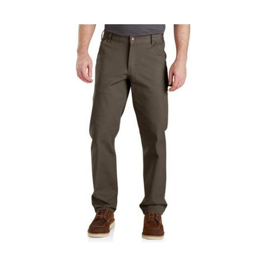 Olive straight-leg work pants with front pockets, shown with a gray shirt and brown shoes
