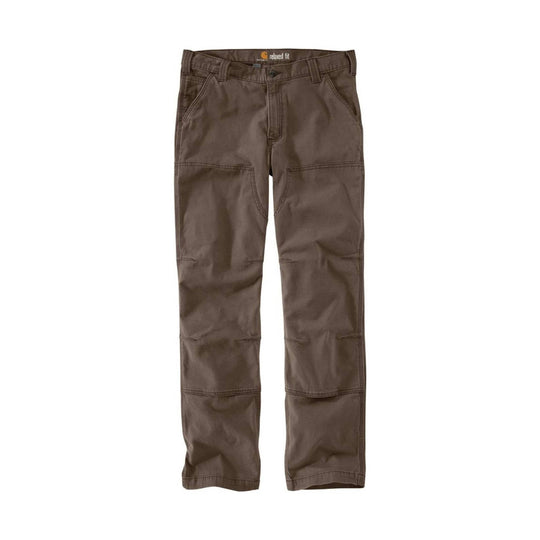 Brown relaxed-fit work pants with double front panels and straight legs