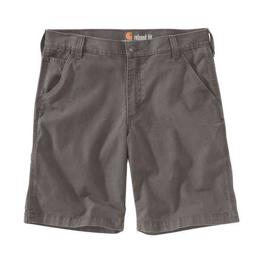 Gray work shorts with front slash pockets and visible "relaxed fit" waistband text