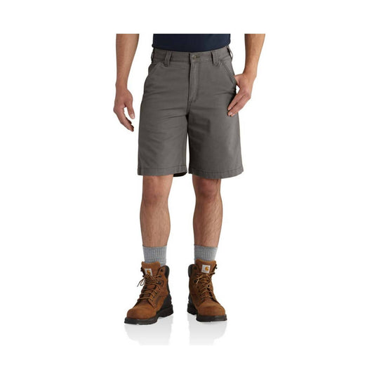 Gray knee-length cargo shorts on a model with front pockets and belt loops
