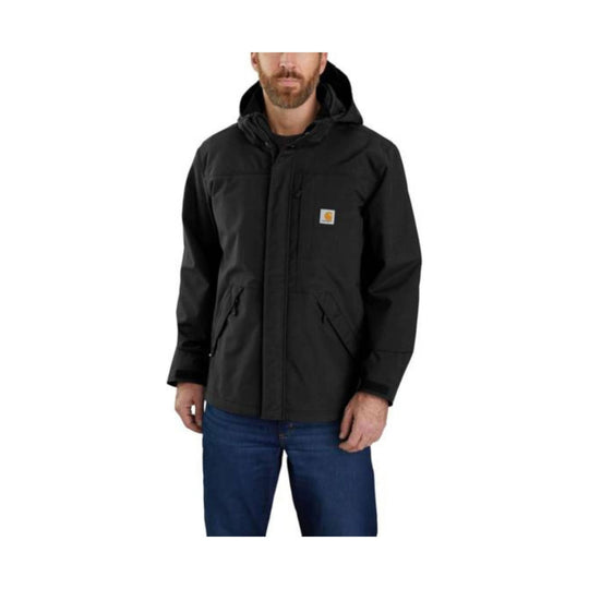 Black hooded rain jacket with zip front, chest pocket, and front hand pockets