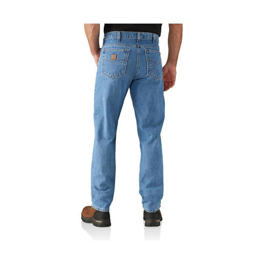Light blue straight-leg jeans shown from the back with five pockets and brown work boots