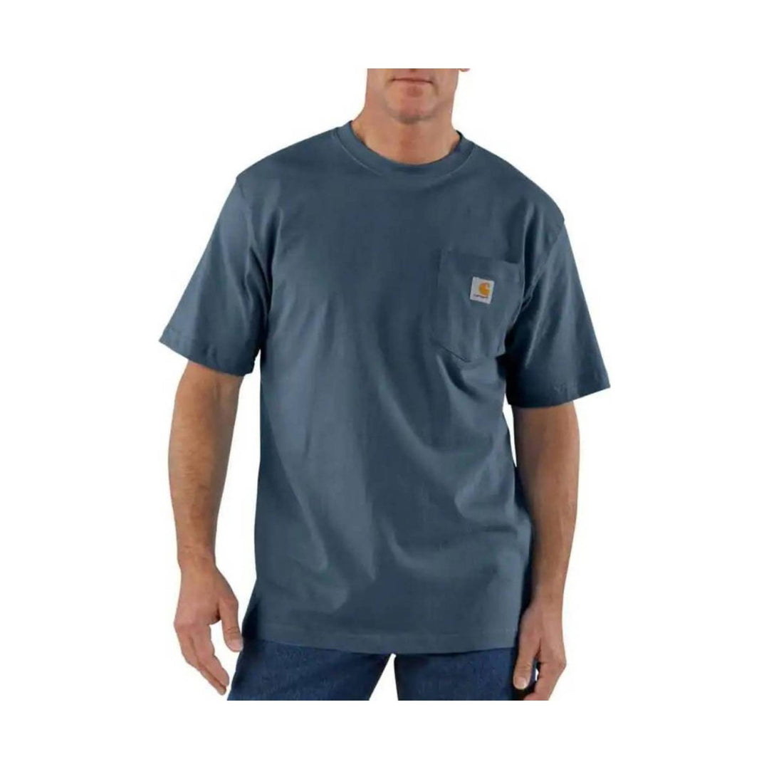 Bluish gray short-sleeve pocket T-shirt with a small chest logo patch