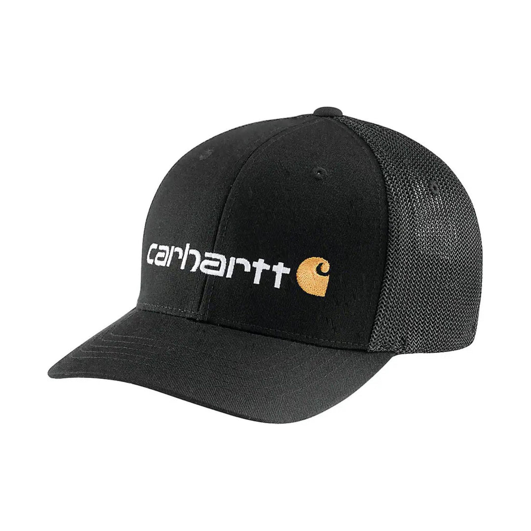 Black trucker cap with white Carhartt logo and gold emblem on the front