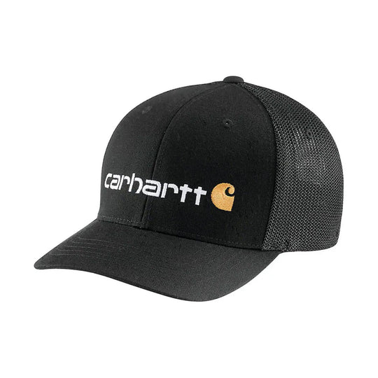 Black trucker cap with white Carhartt logo and gold emblem on the front