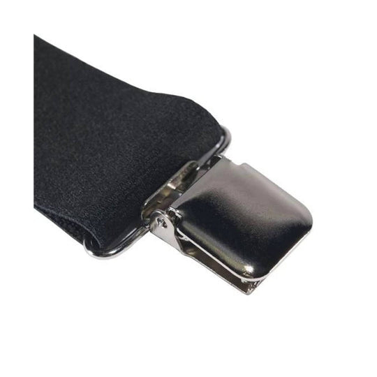 Black suspender clip with shiny metal clasp and textured strap