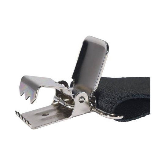 Metal suspender clip with spring-loaded jaws attached to black fabric