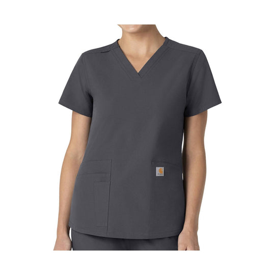 Charcoal gray V-neck scrub top with short sleeves and front patch pockets