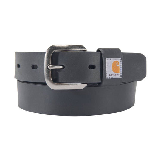 Dark gray leather belt with silver buckle and small logo patch