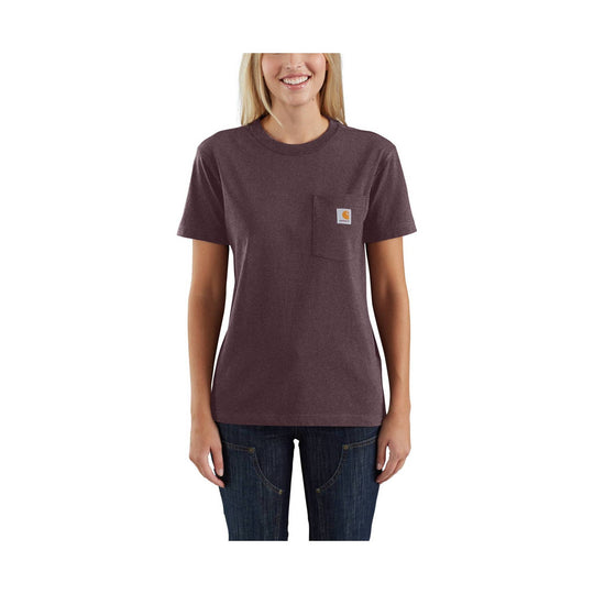 Women’s heathered brown short-sleeve pocket T-shirt with a small chest logo patch