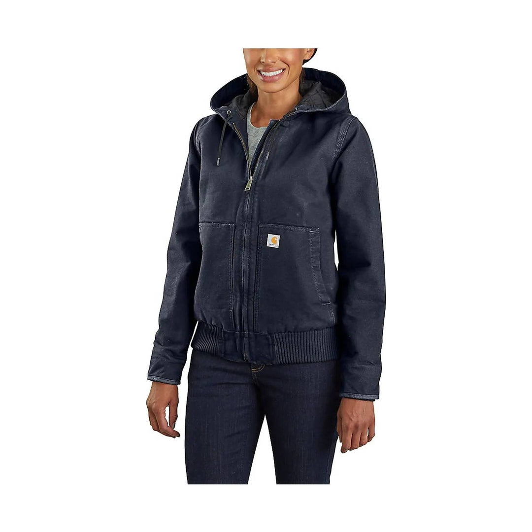Navy hooded zip-front jacket with front pockets, ribbed hem, and a small logo patch on the chest.