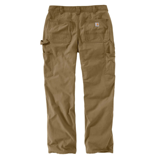 Brown work pants with large front patch pockets, cargo pockets, and a small Carhartt logo patch