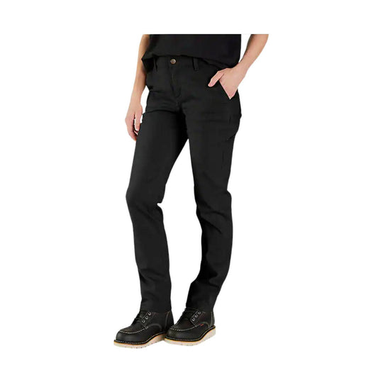 Black straight-leg work pants on a model, shown with hand in pocket and paired with black work boots