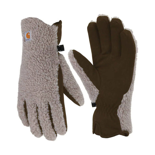 Sherpa-lined brown gloves with fleece backs and touchscreen fingertips