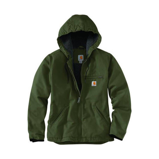 Olive hooded work jacket with sherpa lining, front zipper, chest pocket, and two hand pockets