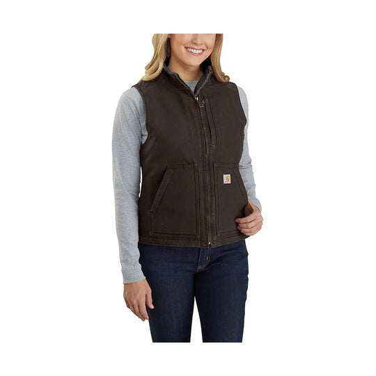 Brown zip-front vest with fleece lining, large front pockets, and a Carhartt logo patch