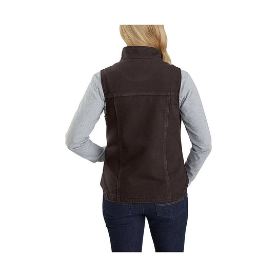 Dark brown sleeveless vest with a high collar and contrast side panels, shown from the back