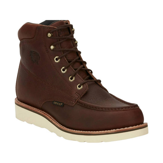 Brown lace-up leather work boot with a cream wedge sole