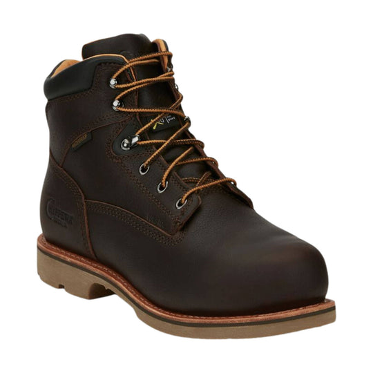 Dark brown leather work boot with tan laces, padded collar, and thick lug sole