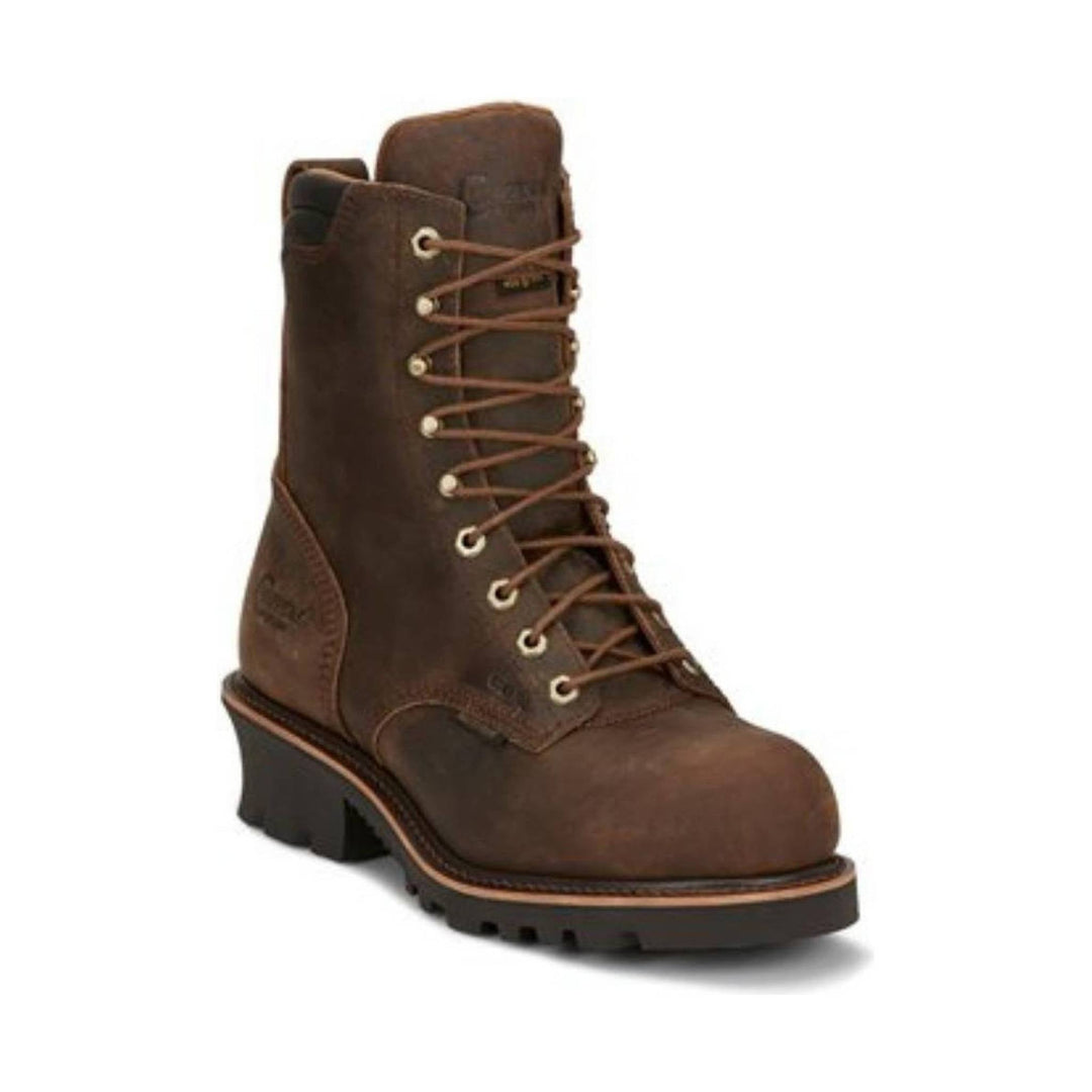 Brown lace-up work boot with a tall shaft, composite toe, and rugged treaded sole