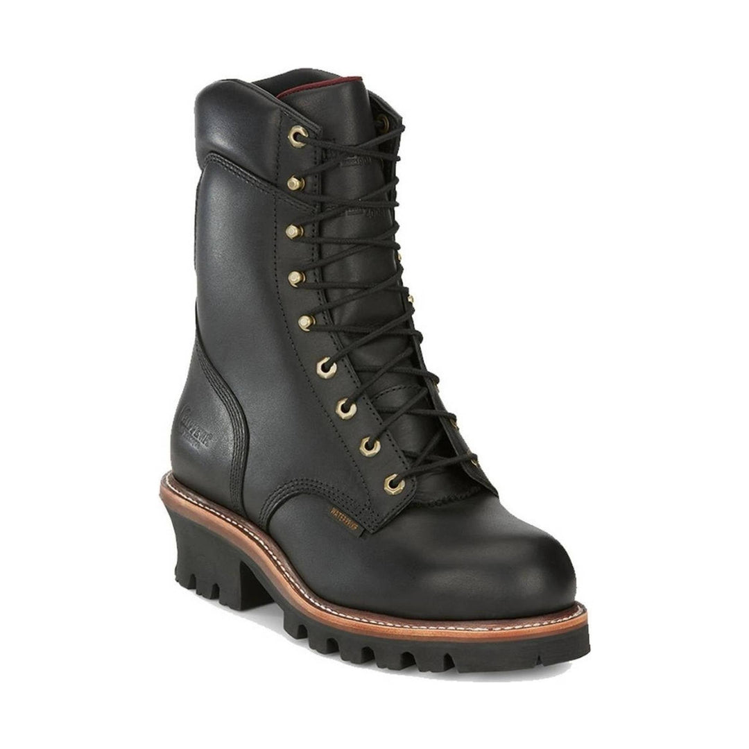 Black leather lace-up logger boot with brass eyelets and a chunky lug sole